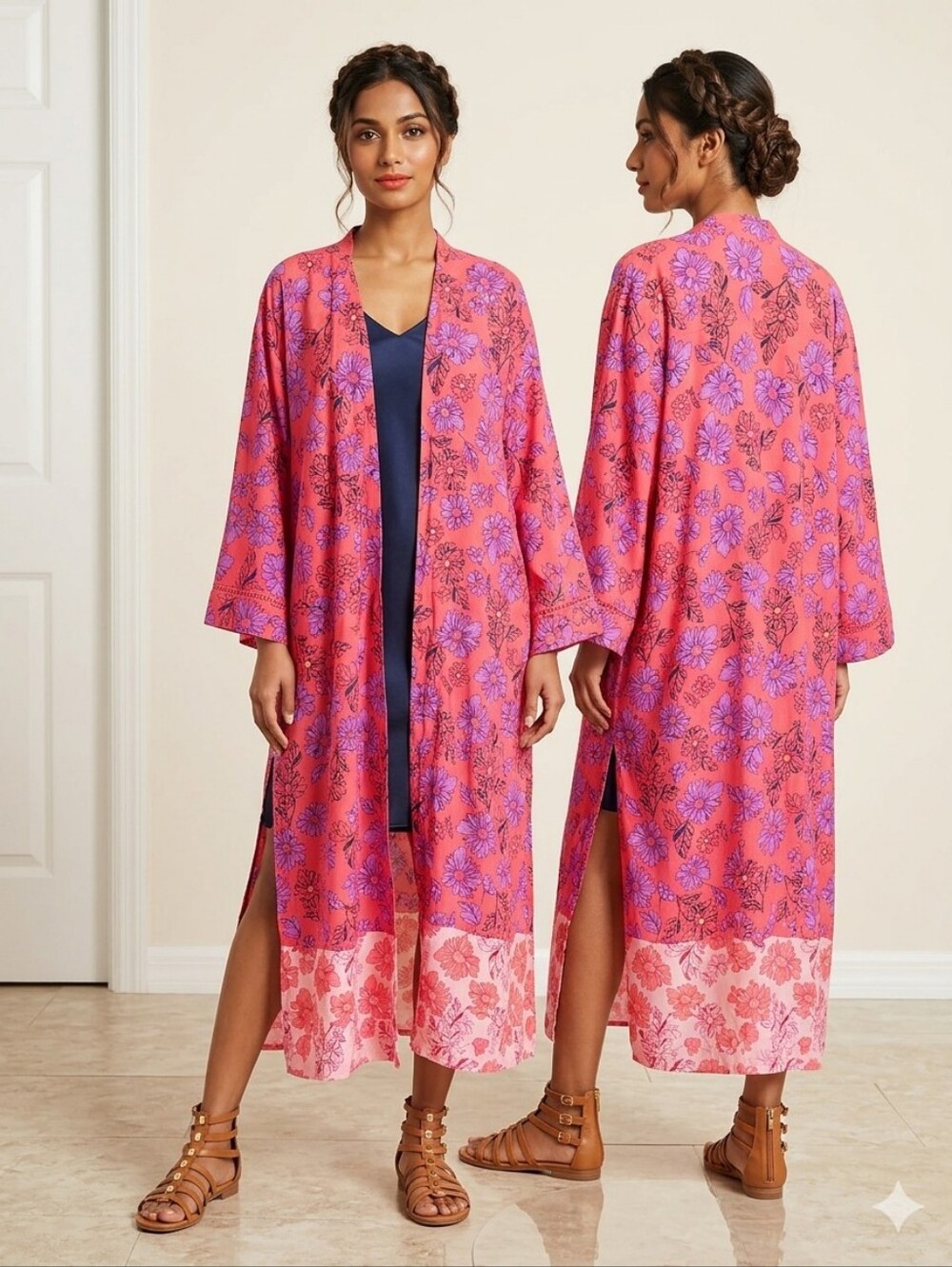 Floral Kimono Robe - Red and Pink